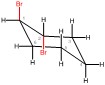 The two bromines from the simple line structure are highlighted in red in the chair conformation.